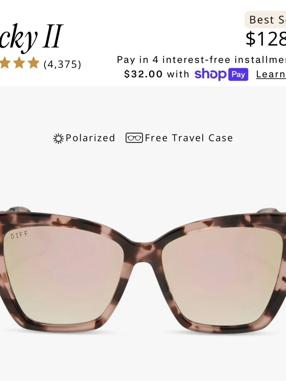 Diff Eyewear Tortoise Pink Mirrored Polarized Sunglasses